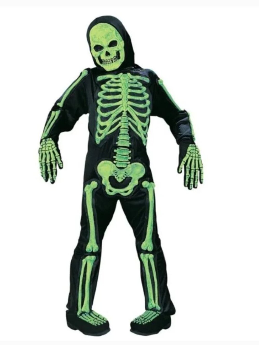 Green Skeleton Glows In The Dark Halloween Costume 8/10 Skelebones 3-D 6 Pc Boys